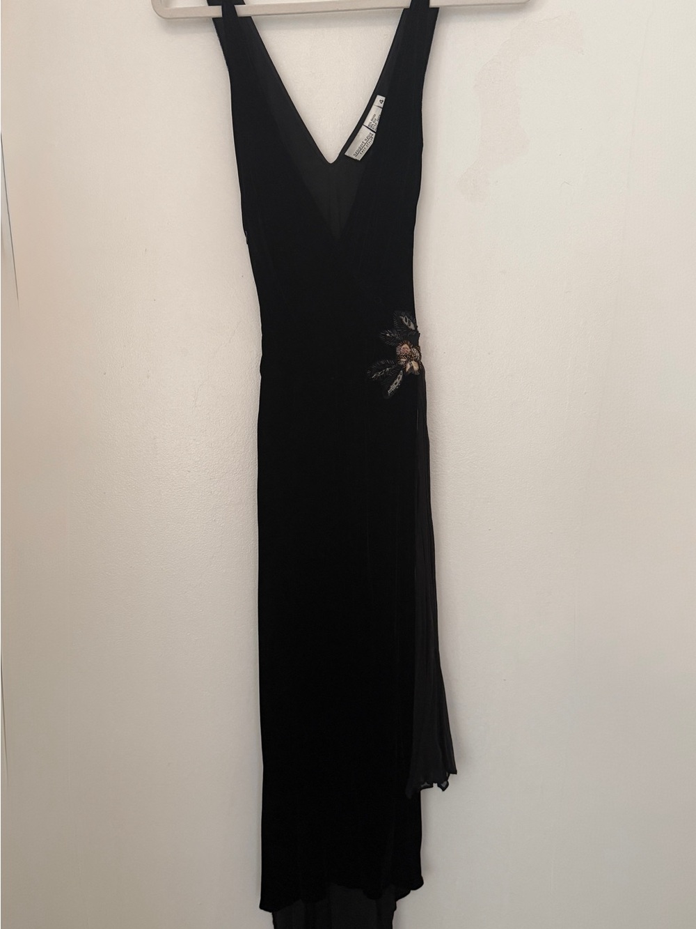 Newport News Black V-Neck High-Low Evening Dress with Side Floral Accent